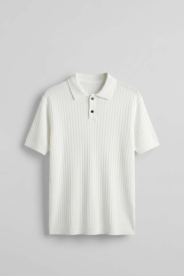 Men's Relaxed Fit Ribbed Knitwear Polo Neck T-Shirt White