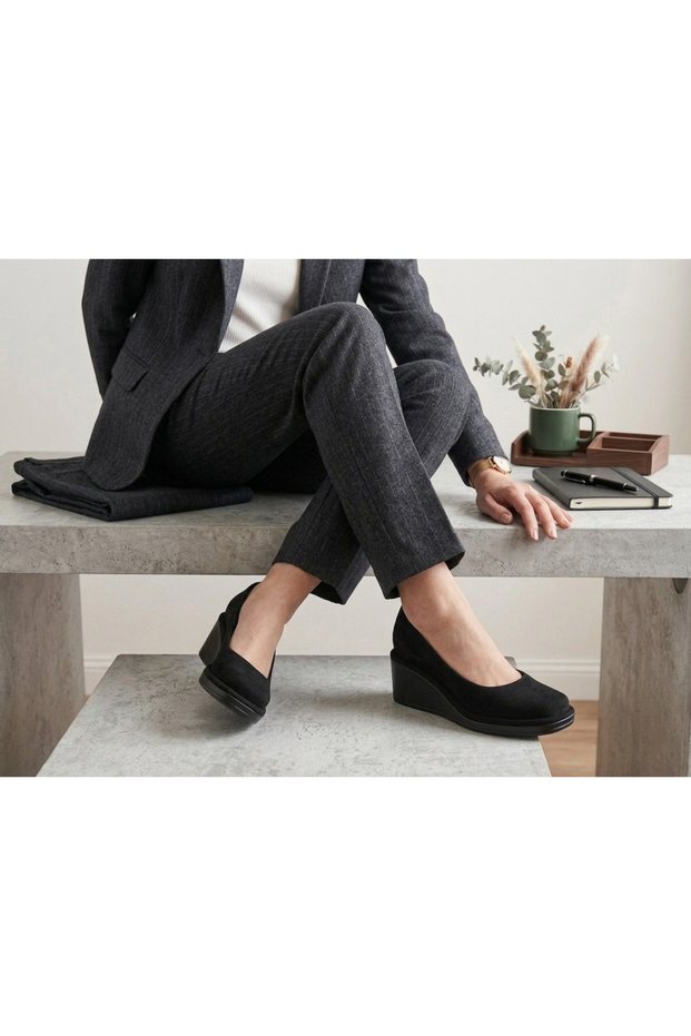 Genuine Leather Black Suede Platform Heeled Women's Shoes