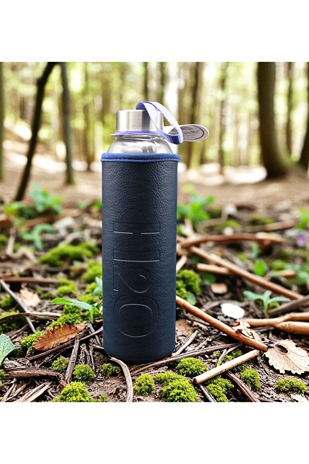 H2O Glass Water Bottle with Leather Cover 500 ml - Dark Blue
