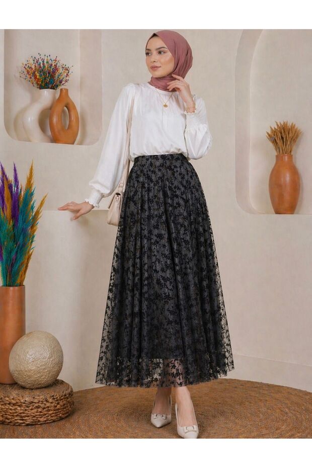Asymmetrical Cut Ethnic Pattern Embossed Tulle Skirt with Elastic Waist and Lining Inside