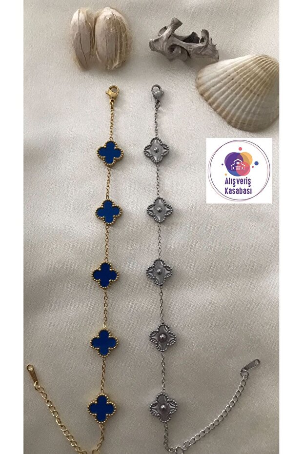 2-Piece Gold Navy Blue & Silver Steel Zircon Clover Bracelet