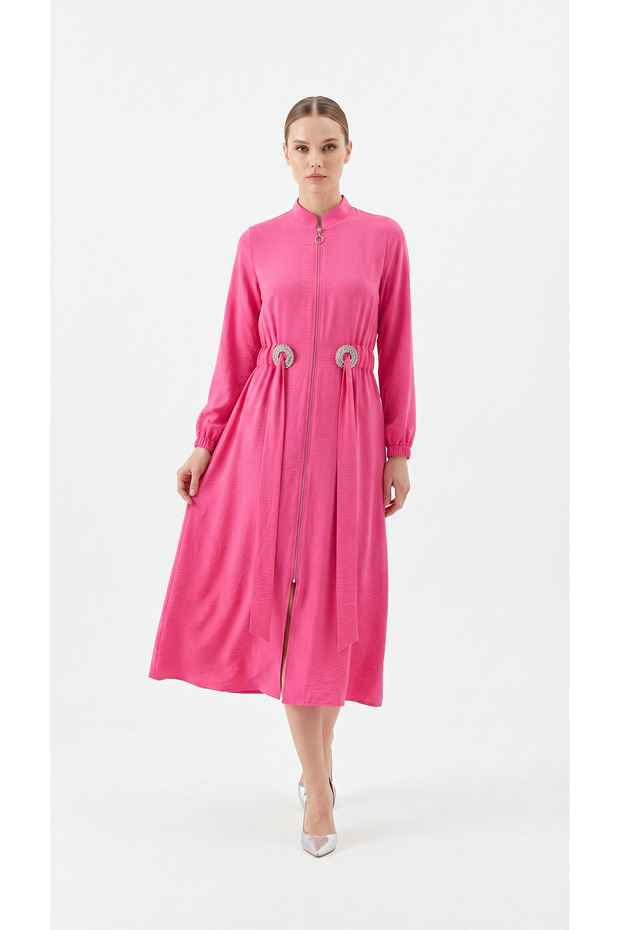 Long Belted Summer Dress with Stone Detail on the Outer Layer in Fuchsia (Choose 1 Size Larger)