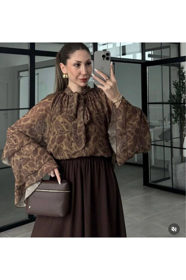 Women's Brown Patterned Halter Neck Chiffon Blouse with Flounce Sleeves