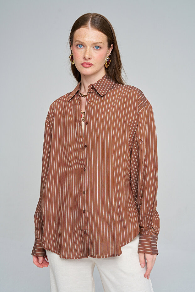Women's Striped Modern Relaxed Fit Coffee Shirt