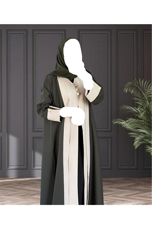 Two-Tone Olive Green & Cream Abaya with matching Hijab and Gold Buttons