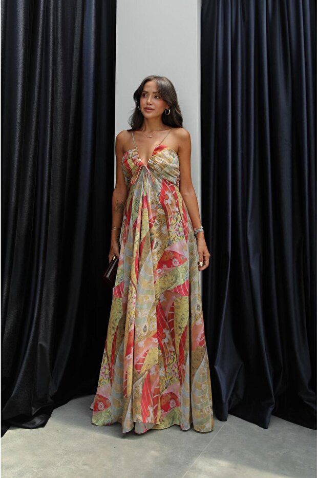 Gathered Detailed Tied Chiffon Maxi Dress