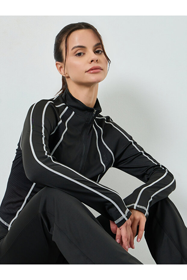 Black Contrast Stitch Detail Thumbhole Half Zip Up Top