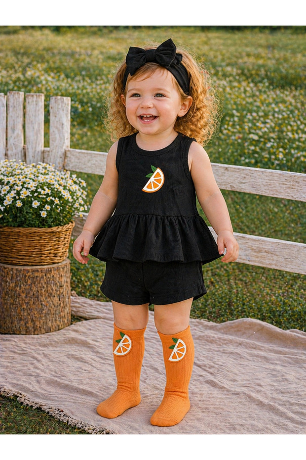 Baby Girl Black Ribbed Shorts Set with Orange Pattern and Orange Socks Orange Felt Socks Set