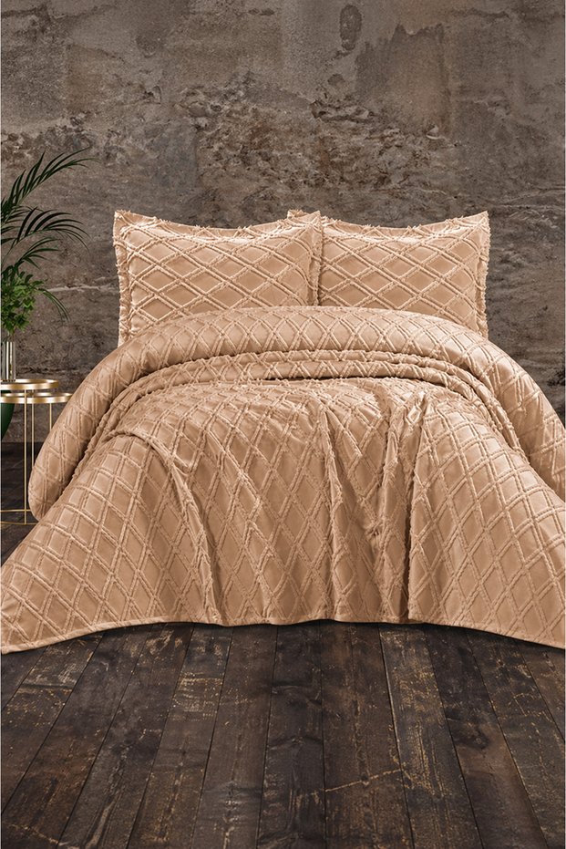 Beren Modern Chenille Jacquard Dowry Set Double King Size Pique Coverlet Set / Bedspread Set 3 Pieces