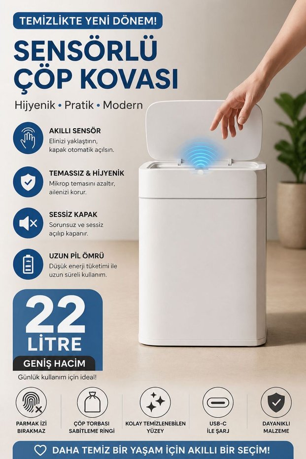 22 Litre Sensörlü Çöp Kovası