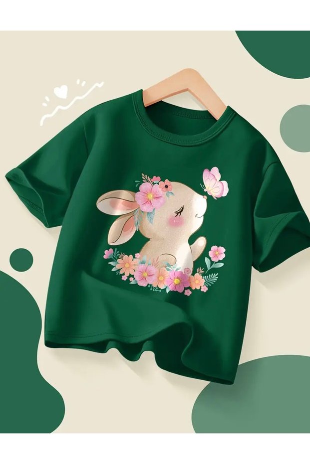 New Season Happy Rabbit's Butterfly Printed Cotton Girls' T-Shirt