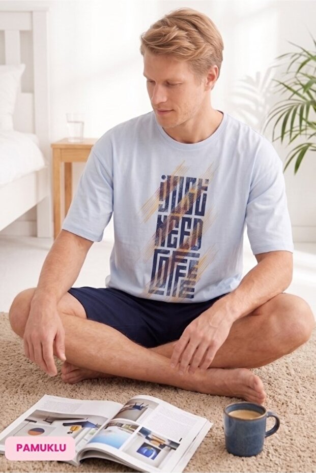 Men's Blue Patterned Crew Neck Buttonless Cotton Summer Short Sleeve Pocket Shorts Pajama Set