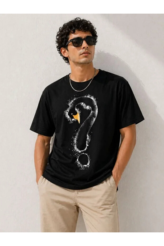 Men's Swan Figured Question Mark Printed T-Shirt Short Sleeve T-Shirt - Black