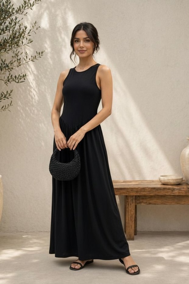 Women's Gathered Waist Sleeveless Long Dress