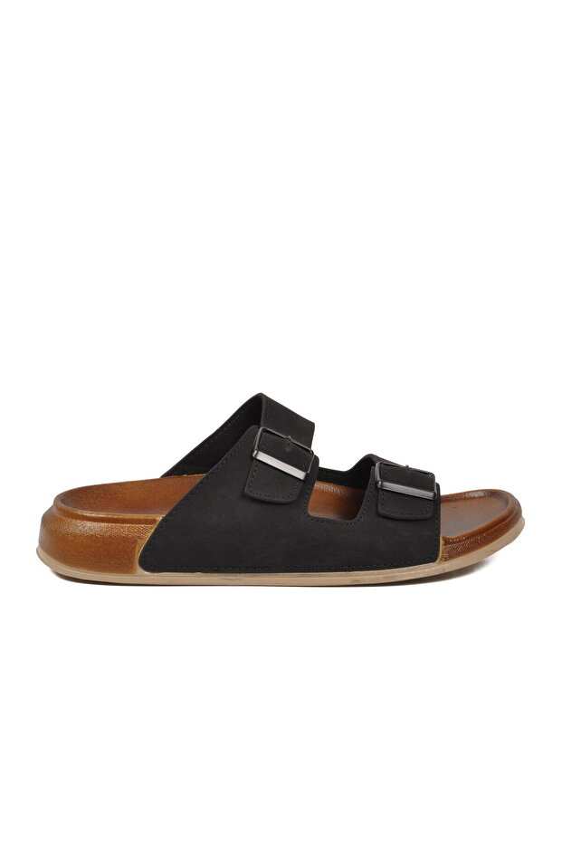 Black Double Buckle Men's Flat Slippers