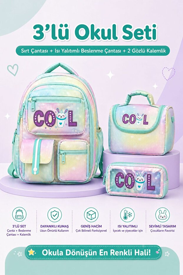 3-Piece School Bag Set, Thermal Insulated Lunch Bag and Double Compartment Pencil Case