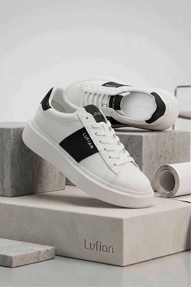 Women's White/Black Leather Sneakers - Thick Soled Casual Daily Shoes