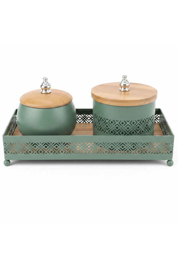 Sage Green Metal & Wooden Rectangular Tray with 2 Candy Bowls – 26 × 12 cm
