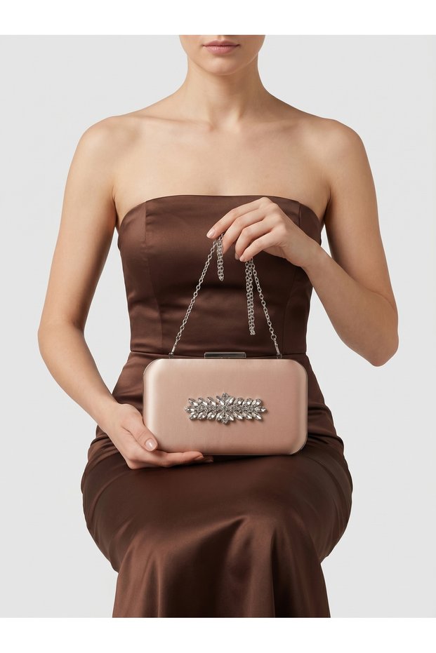 Beige Color Z.A.R.A. Satin Crystal Stone Embroidered Chain Women's Evening Dress Bag Wedding Engagement Graduation