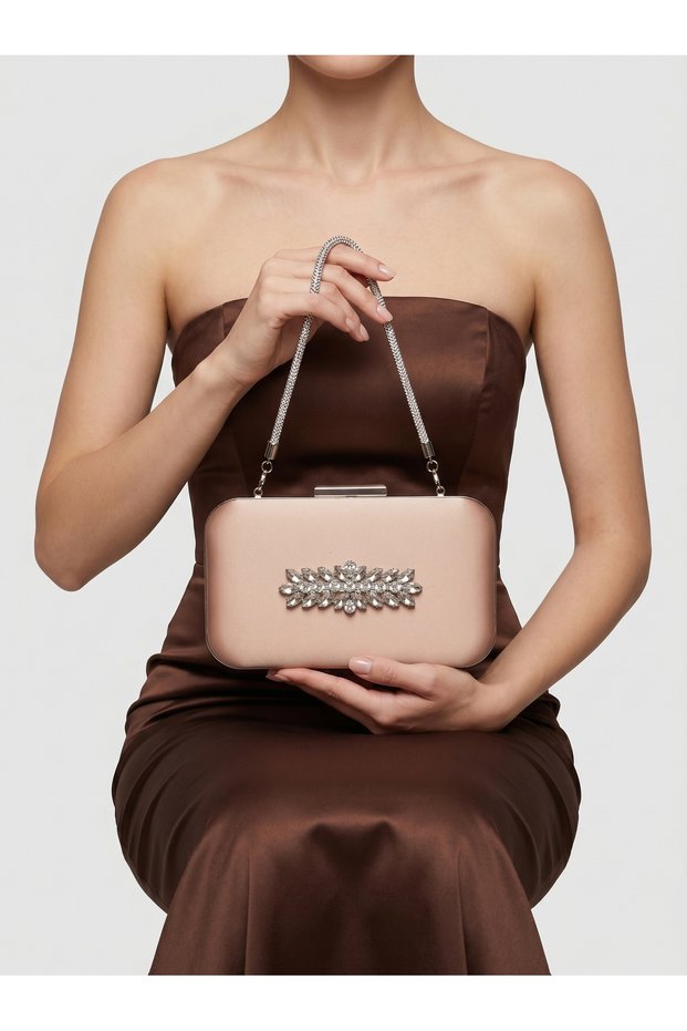 Beige Color Z.A.R.A. Satin Crystal Stone Embroidered Chain Women's Evening Dress Bag Wedding Engagement Graduation