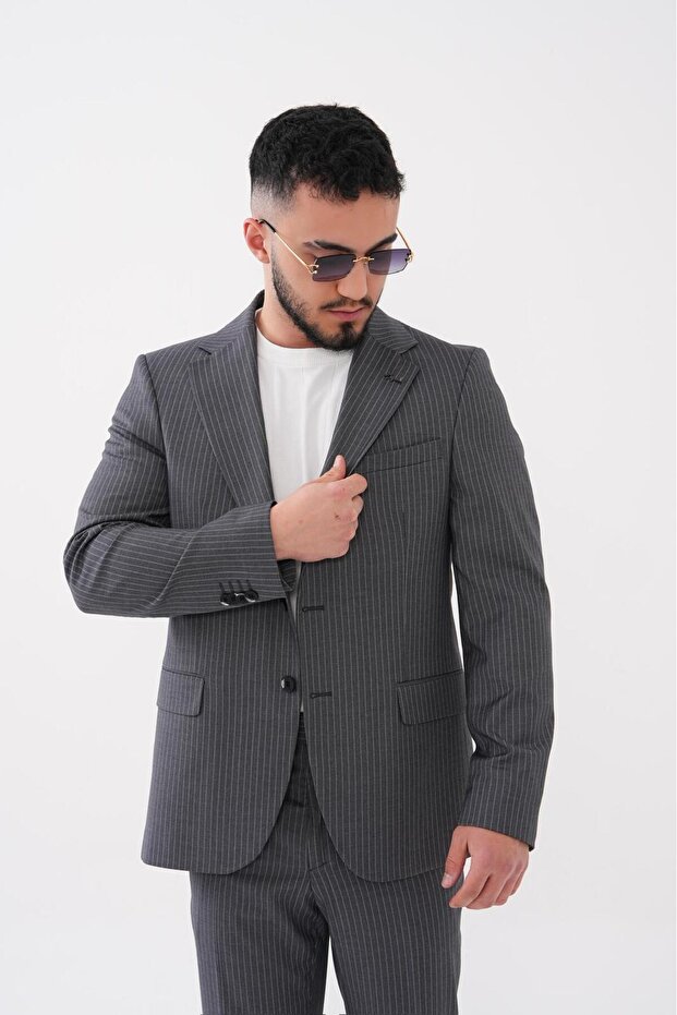 Slim Fit Mono Collar Striped Men's Suit