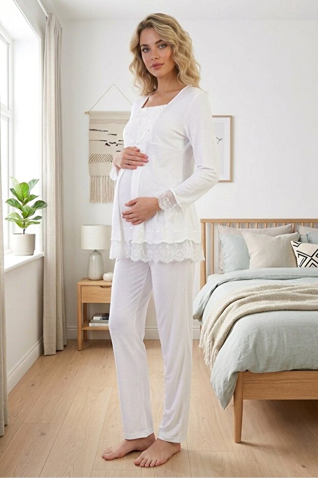 New Season Women's Ecru Lace Buttoned Special Design 100% Cotton Maternity Pajama Set