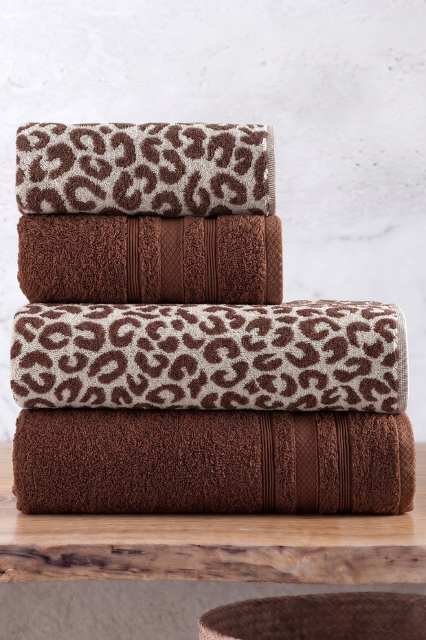 4 Piece Luxury Bathroom Towel Set (2 Pieces 70X140Cm & 2 Pieces 50X90Cm) | 100% Cotton Leopard Patterned Bath Set