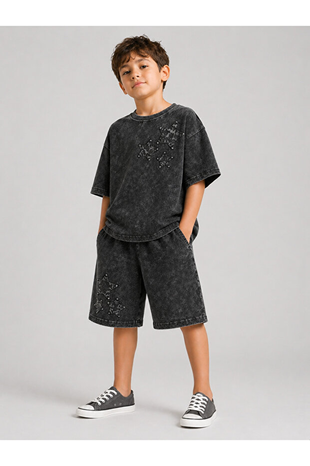 Star Appliqued, Antique Effect, Washed Summer Children's Shorts Set (3-9 Years)