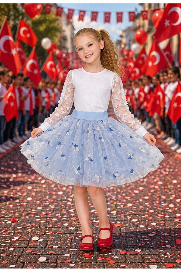 Girl's Tulle Skirt Set with Floral Pattern Blue 5-13 Years