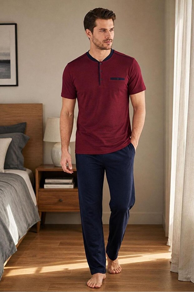Men's Plain Plaid Short Sleeve Claret Red Pajama Set 8100
