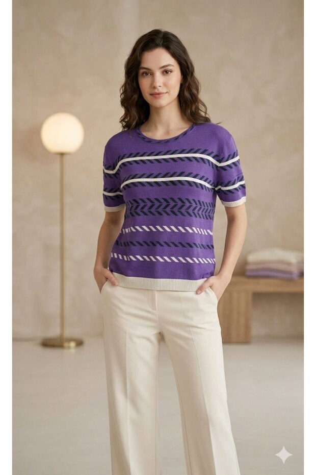 Round Neck Short Sleeve Comfortable Spacious Jacquard Stripe Patterned Summer Spring Viscose Knitwear T-Shirt