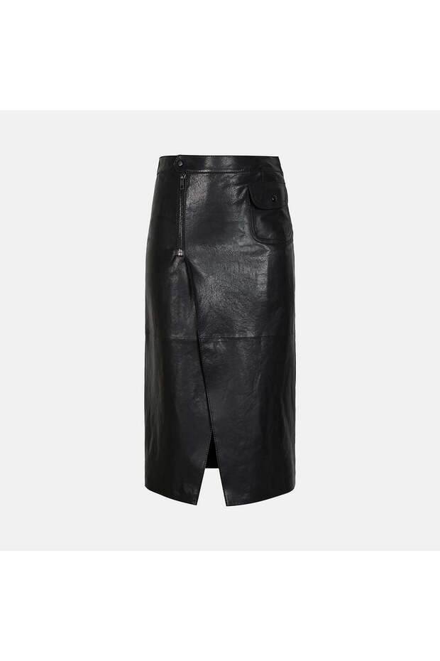 Women's Black Slit Detailed Long Leather Skirt