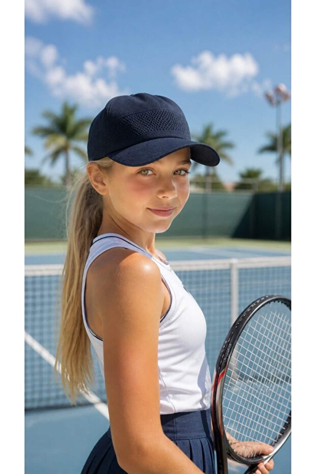 Navy Blue Cotton Mesh Cap Tenisci Girls' Hat 10-18 Years