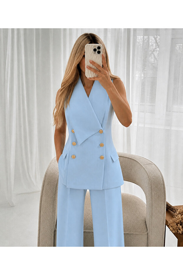 Double-Breasted Collar Gold Buttoned Vest Trousers Blazer Suit