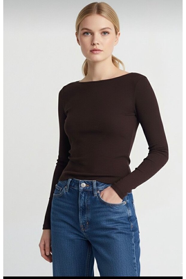 Boat Neck Long Sleeve Top-Acı Brown