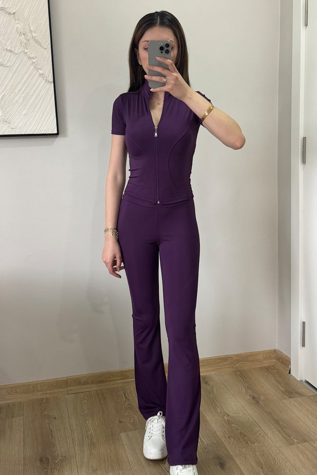 Voga Purple Basic Yoga Pilates Slim Fit Zippered Fitness Spanish Leg 2-Piece Bottom-Top Sports Set