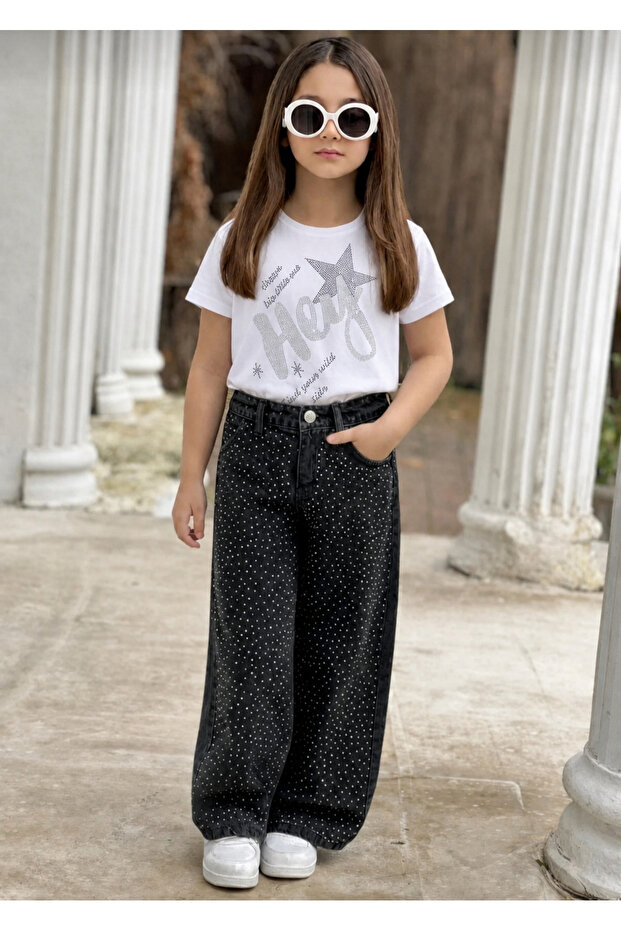 Girl's Black Stoned Jeans and White Crop T-Shirt Set