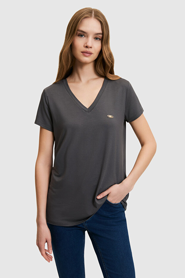 Women's Anthracite V-Neck Basic T-Shirt 50321833-Vr006