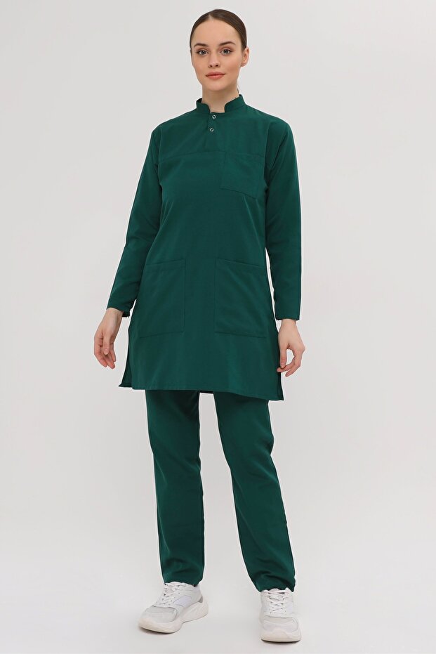 Nova Hakim Collar Tesettür Emerald Green Lycra-Free Thin Fabric Nurse Doctor Uniform Set