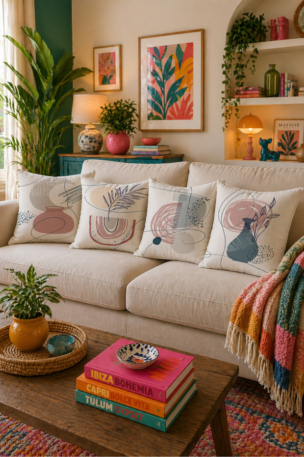Abstract Vase Patterned Set of 4 Throw Pillow Covers Double Sided 43X43 cm Modern Bohemian
