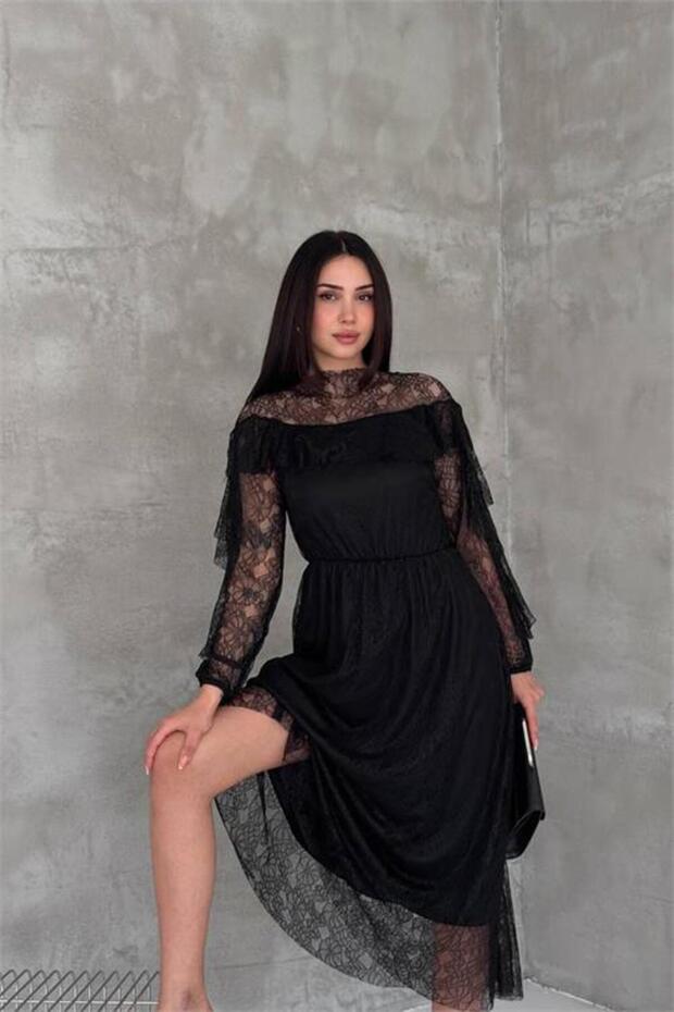 Women's Black Transparent Lace Detailed Tulle Midi Dress --- Nbk4571