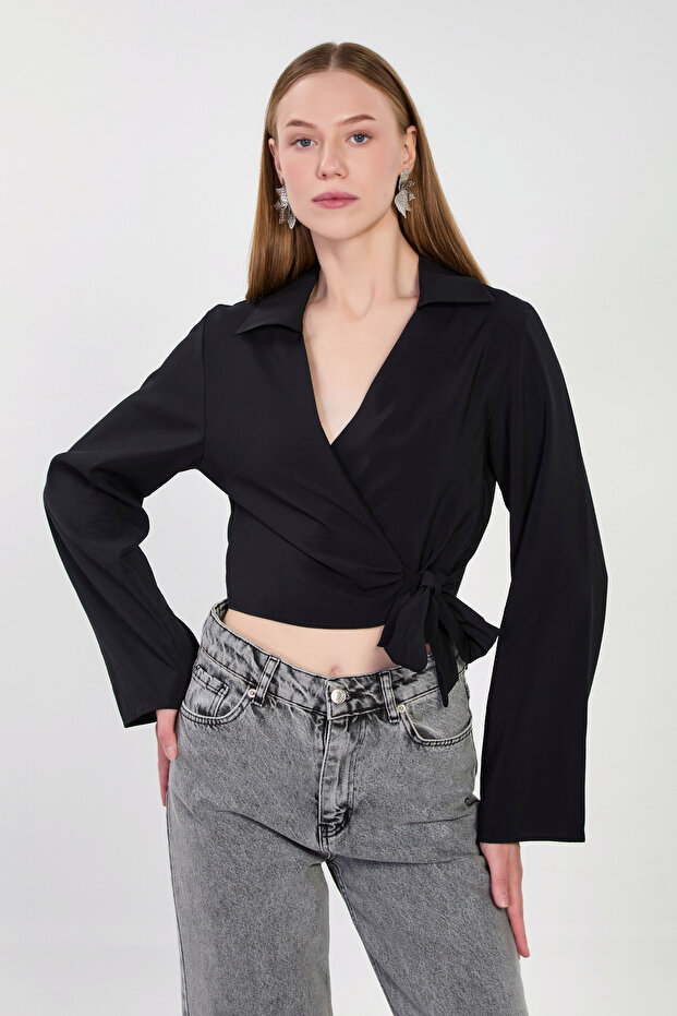 Women's Double-Breasted Collar Side-Tie Long Sleeve Shirt - Black