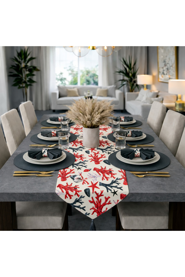 American Service Set, New Season, 6 Anthracite Soup Bowls, 6 Anthracite Napkins, 6 Napkin Rings and Runner Cover Red Coral Tk