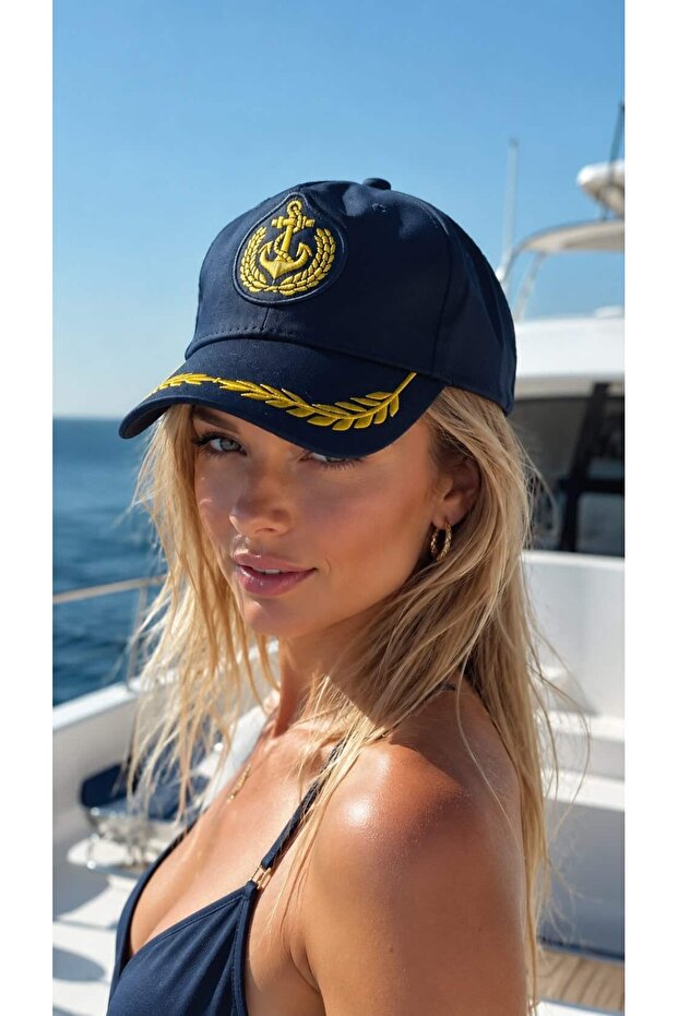 Navy Blue Sailor Captain Embroidered Cap Women's Hat