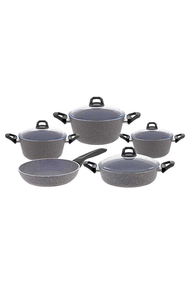 Non-Stick Aluminium Granite Coated Cookware Set, 9 pcs, Light Grey