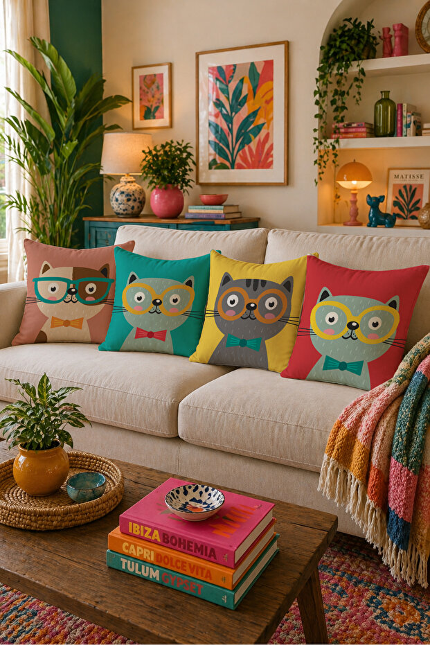 Colorful Cute Cat Patterned 4-Piece Throw Pillow Cover 43X43 Double-Sided Printed