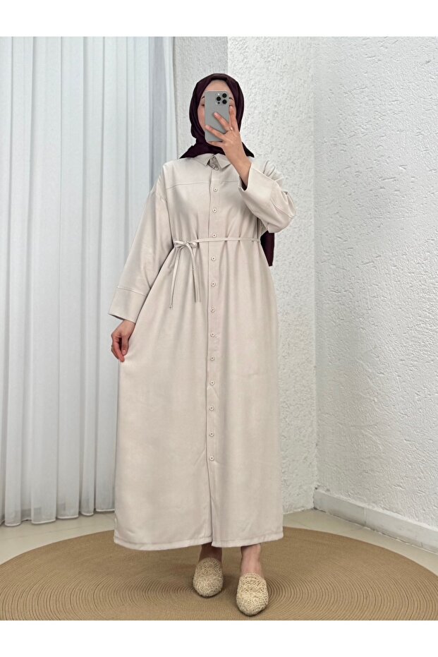 فستان ساديت بزر أمامي وربطة عنق - GS8358 ستون