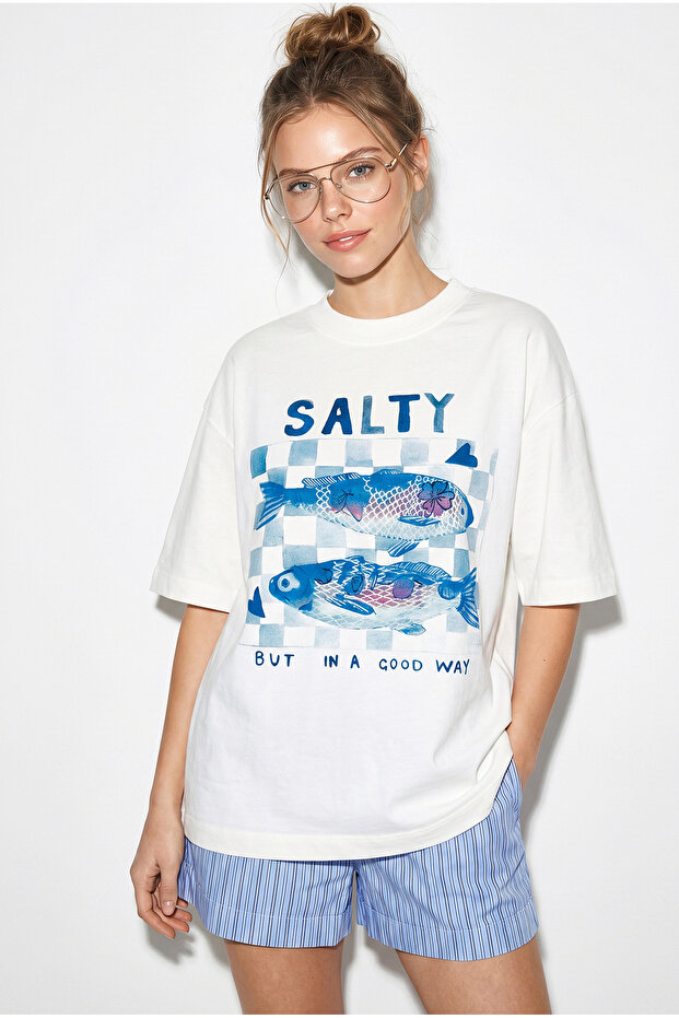 Women's White Salty Printed 100% Cotton Crew Neck Oversize Basic T-Shirt Öt261015 60286254