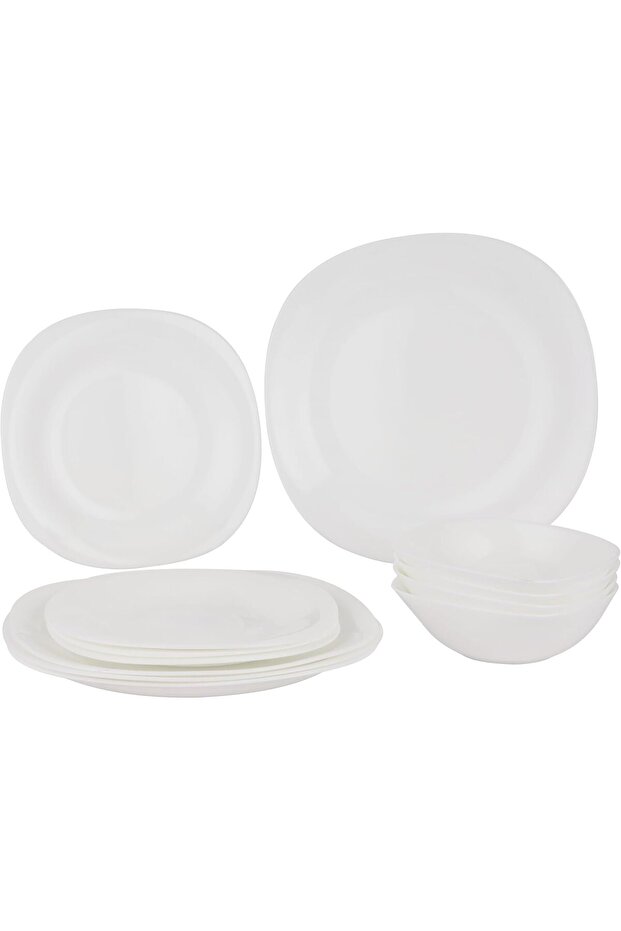 12 Piece Opalware Dinner Set- DC3463/ Includes Square Flat Plates and Bowls/Dishwasher-Safe, Freezer and Microwave Safe/Chip-Resistant and Food-Grade/White
