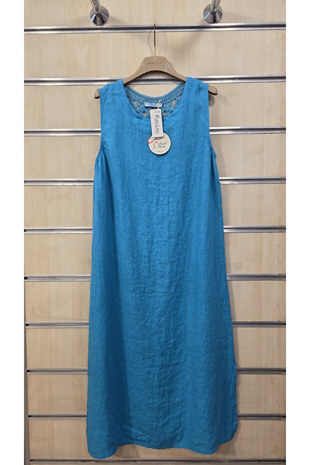 Italian Sleeveless Linen Dress with Lace Back